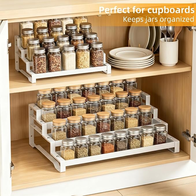 Spice Rack Organizer for Cabinet, 13-21.5" Expandable Spicy Shelf | 11.6" Wide 4-Tier White Metal Seasoning Organizer, Kitchen Spice Organization, Slip-Resistant Guardrails for Jars and Cans
