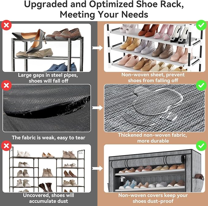 LANTEFUL Shoe Rack with Covers 10 Tier Tall Shoe Rack Organizer Large Capacity Shoe Shelf Storage 40 Pairs Space Saving Free Standing Shoe Storage Organizer for Closet, Entryway, Dorm, Printing