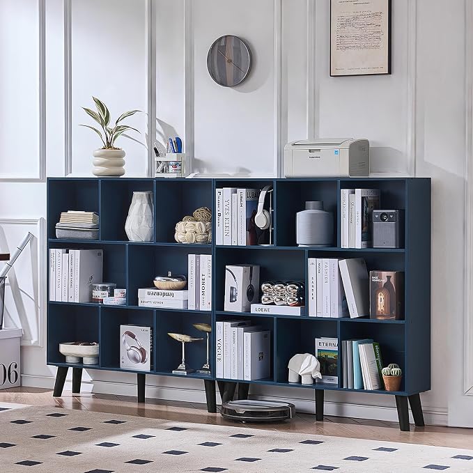 LEYAOYAO 8 Cube Bookshelf,Mid-Century Modern Book Shelf with Legs,Dark Blue | 3 Tier Bookcase, Rustic Wood Bookshelves Freestanding Large Storage Organizer, Open Shelves for Bedroom, Living Room, Office