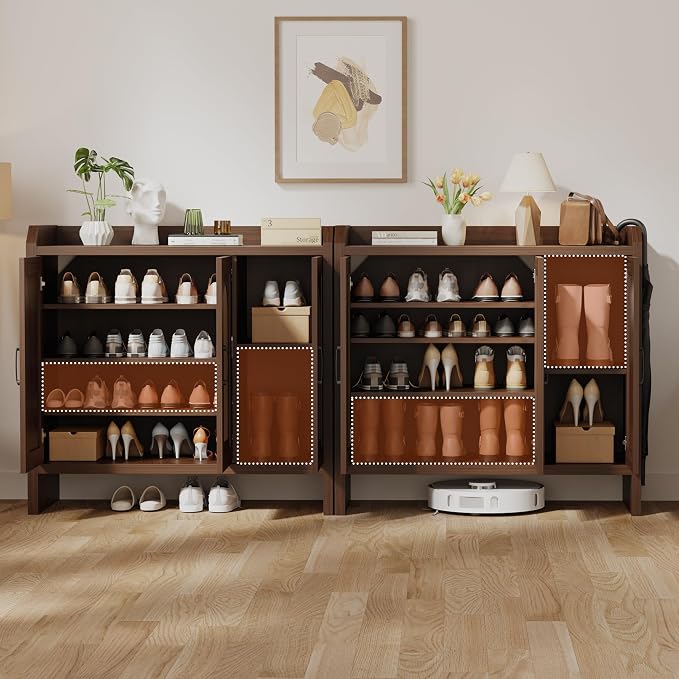 Rattan Shoe Storage Cabinet, Farmhouse Shoe Cabinets Storage for Entryway, Boho Wooden Shoe Rack with 3 Doors for Entryway, Hallway (Walnut, 3 Door)
