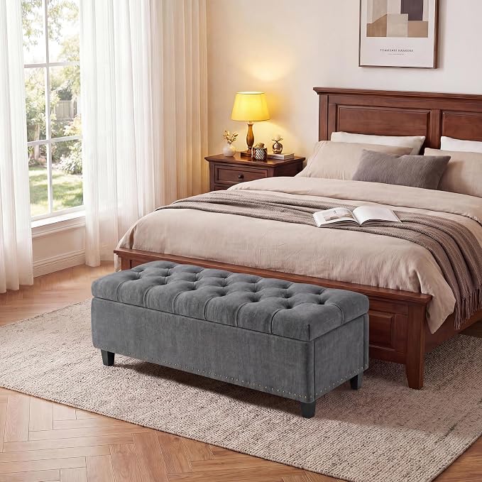 51" Extra Large Storage Ottoman Bench, Supports 660lbs End of Bed Storage Bench with Button-Tufted Upholstery and Safety Close Hinge, Upholstered Bench for Living Room, Bedroom, Entryway - Grey