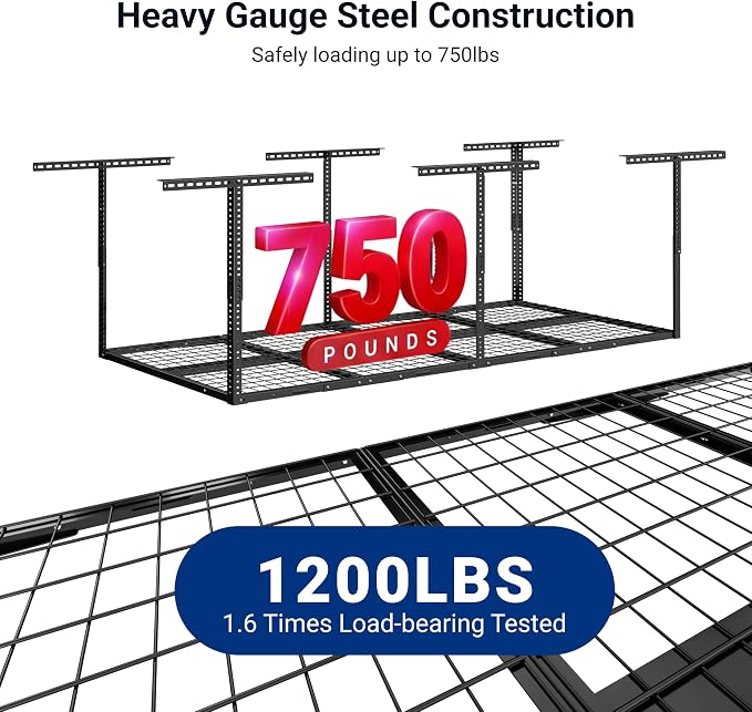 FLEXIMOUNTS 3x8 Overhead Garage Ceiling Storage Rack, 2 Pack, Black | 750lbs Weight Capacity, 22"-40" Adjustable Organization System, Heavy-Duty Metal Ceiling Racks, Classic Series