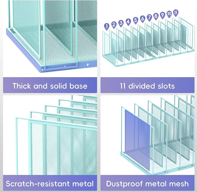 File Organizer for Desk, 11-Section Vertical File Sorter, Paper Holder Organizer Standing Metal File Folder for Office Home Classroom, Blue