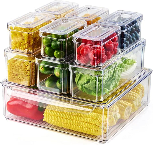 10 Pack Fridge Organizers and Storage, Clear Fridge Organizer Stackable | Fridge Organizer Bins with Lids, Refrigerator Storage Containers for Kitchen, Food, Cabinets, Fruits, Vegetables