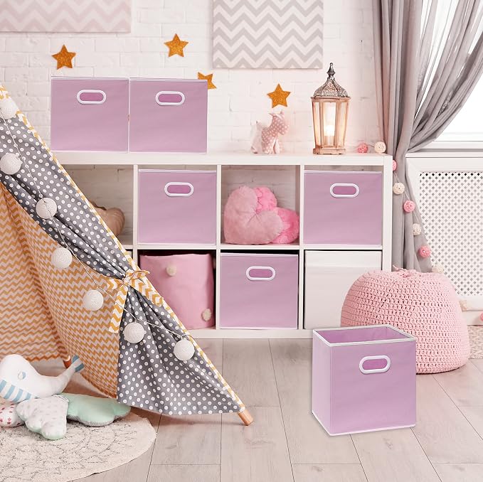 Simple Houseware 11-Inch Foldable Cube Storage Bins with Handles, Pink | 6-Pack Lightweight & Durable Structure Fabric Cubes Organizer for Closet or Shelves