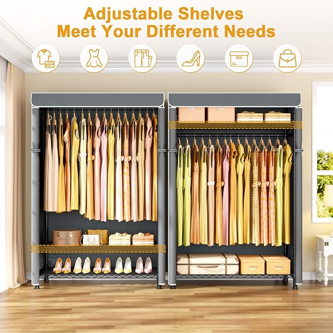 H5C Plus Clothes Rack with Cover, Covered Clothing Rack Heavy Duty | Garment Rack with Shelves, 3-Tier Portable Closets for Hanging Clothes, Max Load 370LBS, Black Closet Racks with Gray Cover