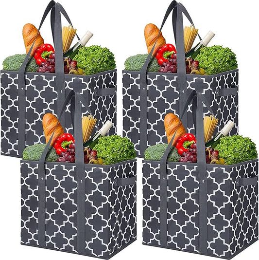 WISELIFE Reusable Grocery Bags 4-Pack Foldable Washable Large Storage Bins Basket Water Resistant Shopping Tote Bag Dark Grey