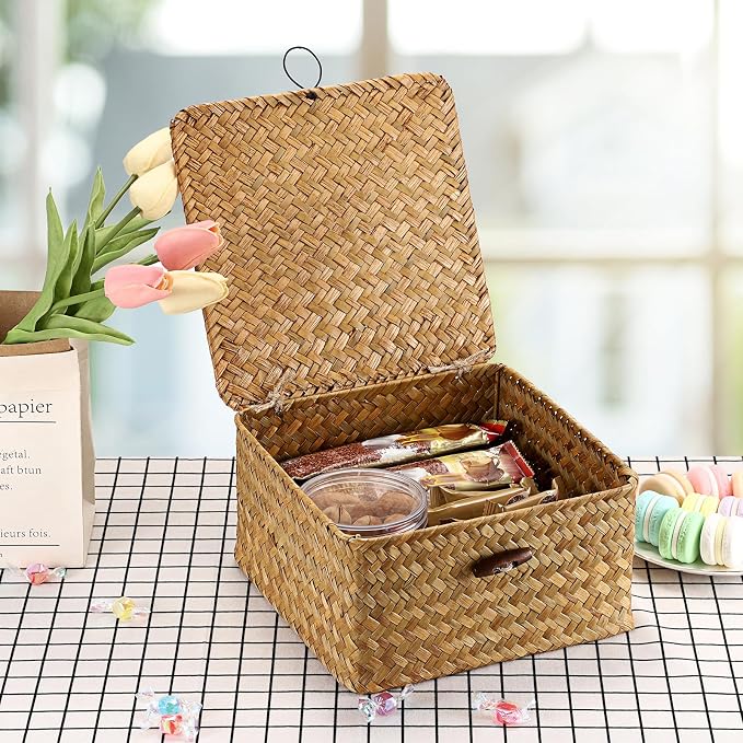 Hipiwe Handwoven Wicker Shelf Basket Bin with Lid Decorative Baskets Box | Multipurpose Seagrass Baskets Organizer, Square Household Storage Basket for Shelf Living Room Bathroom, Small Caramel