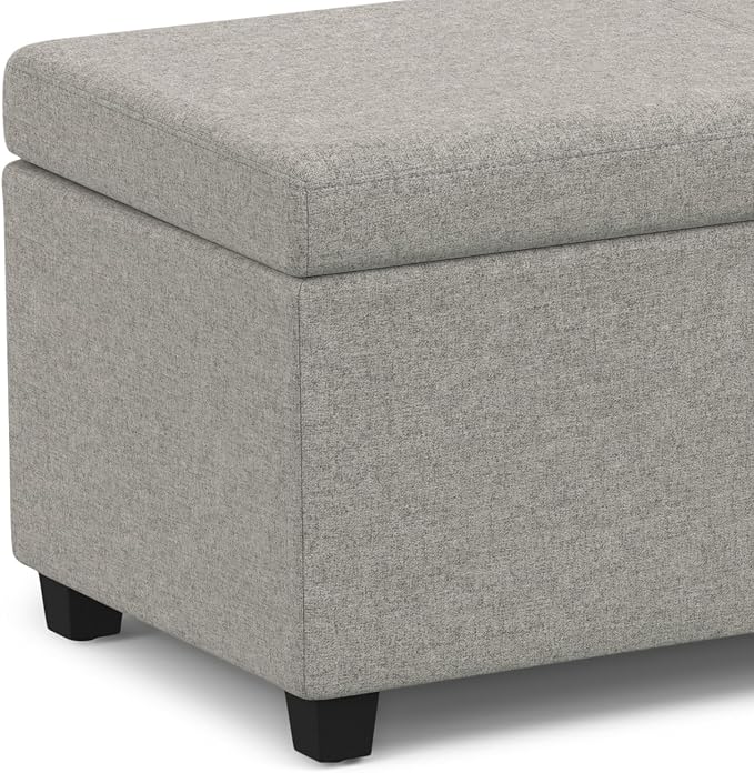 SIMPLIHOME Avalon 54" Wide Vegan Leather Storage Ottoman in Midnight Black | Contemporary lift-top ottoman with high-density foam; rectangle storage bench or coffee table for living room or entryway.