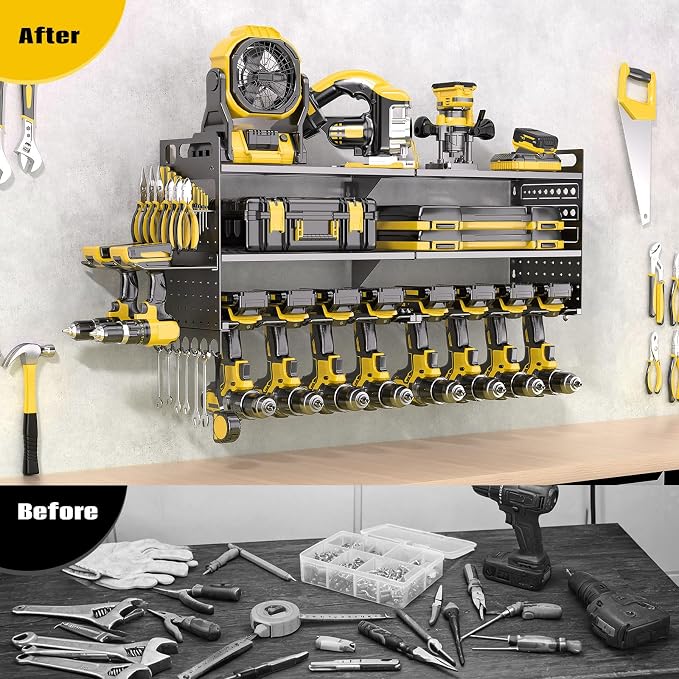33" W Power Tool Organizer Wall Mount, 3-Layer,10 Drill Holders | Tool Storage Rack, Heavy Duty 300 lb Load Capacity for Garage Workshop, Black, Gift for Men