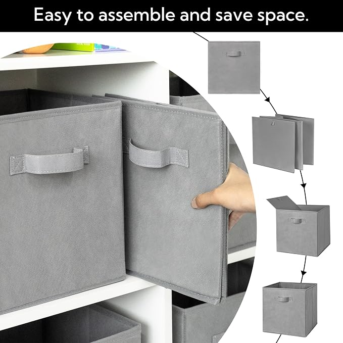 Cupic Cupid 13x13 Storage Cubes, 6 Pack Open Storage Bins with Handles, Storage Cube Organizer for Clothes and Toys, Collapsible Cube Bins for Closet, Shelves, Offices, Gray