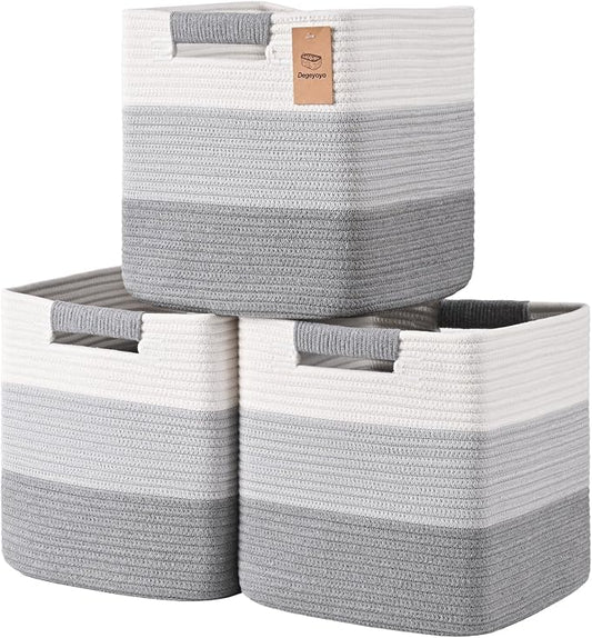 13 Inch Storage Cubes, 3 Pack Cube Storage Bins for Organizing, Cotton Rope Woven Baskets for Shelves, Bathroom, Kids Room, Closets, Baby Nursery