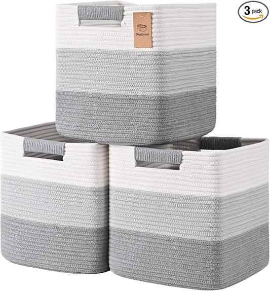 12 Inch Storage Cubes, 3 Pack Cube Storage Bins for Organizing, Cotton Rope Woven Baskets for Shelves, Bathroom, Kids Room, Closets, Baby Nursery