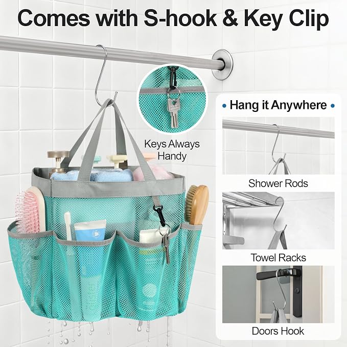 Mesh Shower Caddy Portable - 8 Pockets, S-Hook, Shower Bag for Dorm Camping | 2-Handle, Quick-Dry, Hanging Toiletry Organizer, College Dorm Room Essentials for Girls, Gym, Travel & Bathroom, Mint Green