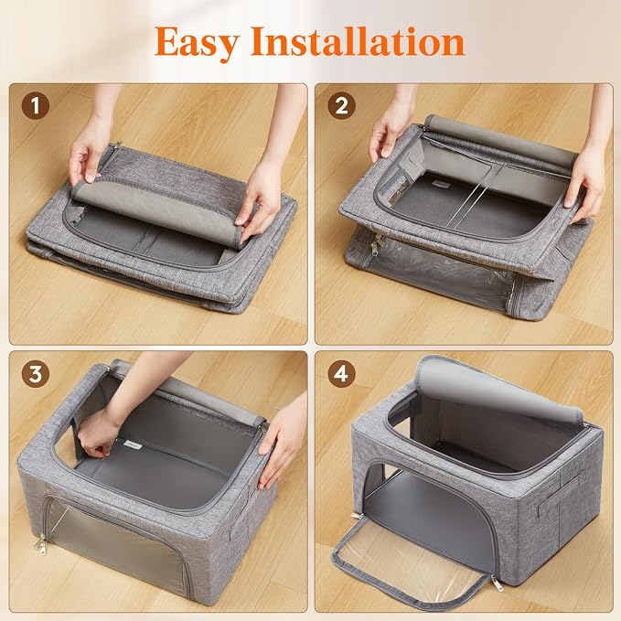 Lifewit Clothes Storage Bins with Metal Frame, Stackable Storage Box, Foldable Clothing Storage Bins with Lids, 25L Storage Bags Fabric Box Organizer with Clear Window＆ Zippers＆ Sturdy Handles 6 Pack
