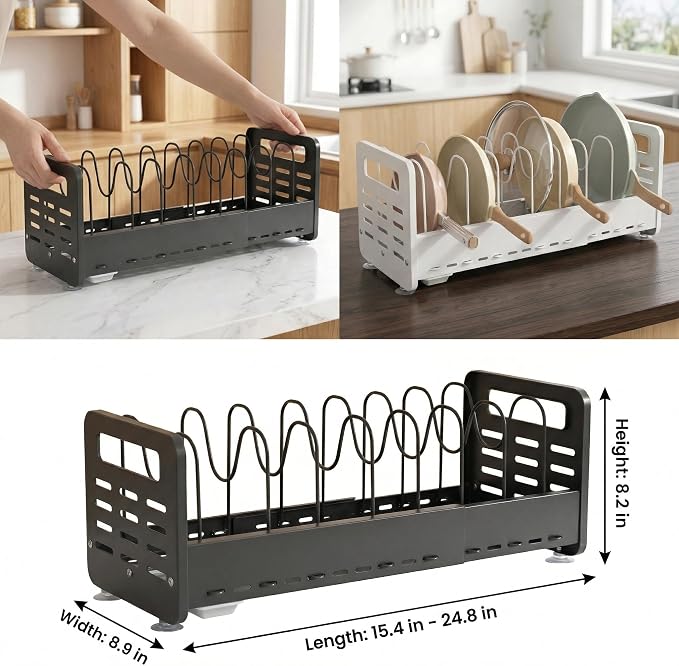 Pots and Pans Organizer Under Cabinet, Expandable Pot Lid Organizer | Adjustable Heavy Duty Rack with Removable Drip Tray, Expands 15.4"–24.8", Ideal for Kitchen Cabinets and Countertops.