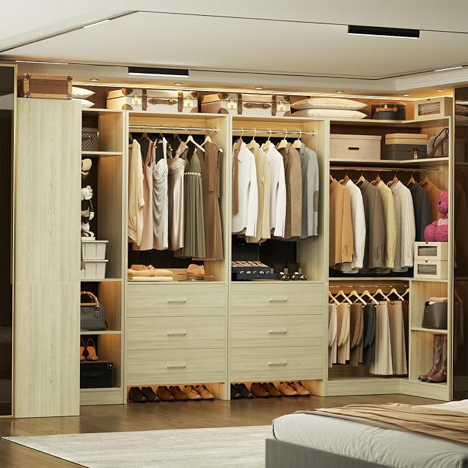 Aheaplus Closet System with 6 Drawers, 6 Hanging Rods & Corner Tower, Corner Closet System with Hanging, 112.5" U-Shaped Walk-In Wardrobe Organizer, 2000+ lbs Capacity, Set of 4, White Oak