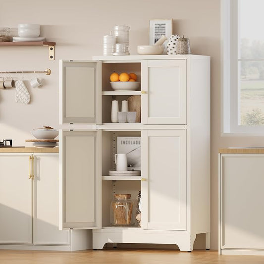 43" H Small Storage Cabinets,Metal White Pantry Cabinets with Doors,Food Pantry Cabinet with 4 Doors and Shelves for Kitchen Dining Room