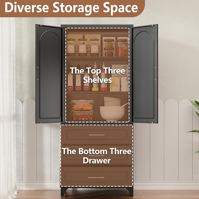 Polup 75" Tall Black Metal Pantry Storage Cabinet with 3 Drawers | Heavy-Duty Steel Kitchen Cabinet, 2 Adjustable Shelves & Magnetic Doors, Leveling Feet, for Dining Living Room, Laundry