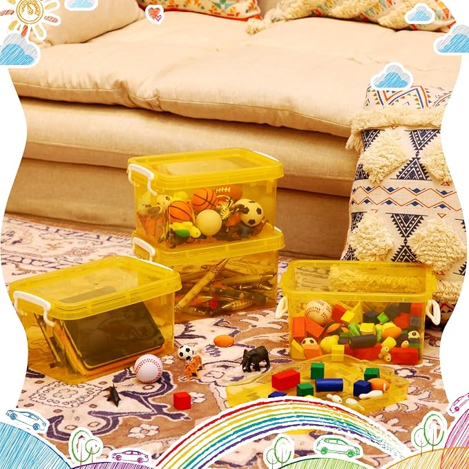 6 Pack Colorful Plastic Storage Bins with Lids 4 Quart Small Storage Latch Box Stackable and Nestable Clear Organizer Bins with Latching Handle and Buckle for Organizing(Yellow)
