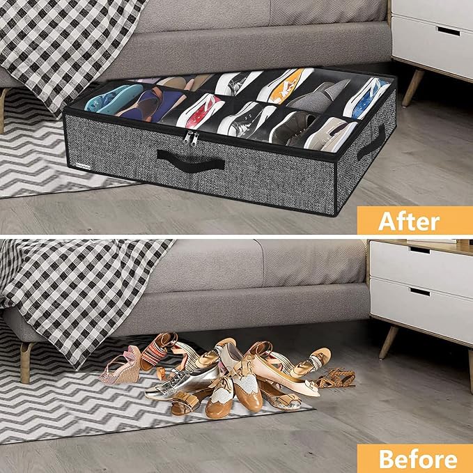 Onlyeasy Sturdy Under Bed Shoe Storage Organizer, Set of 2, Fit 12 to 24 Pairs, Underbed Shoes Closet Storage Solution with Clear Window, Breathable, L29.3 x W23.6 x H5.9, Linen-like Black, MXAUBSB2P