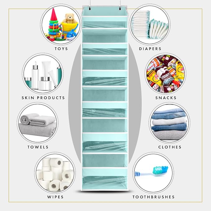 HOMELUX THEORY UPGRADED 6 Tiers Over The Door Organizer Hanging - 100D EXTRA THICK & 50lbs HUGE CAPACITY, 12 Side Mesh Pockets Over The Door Shoe Organizer, Hanging Closet Organizer (Baby Blue, 2pc)
