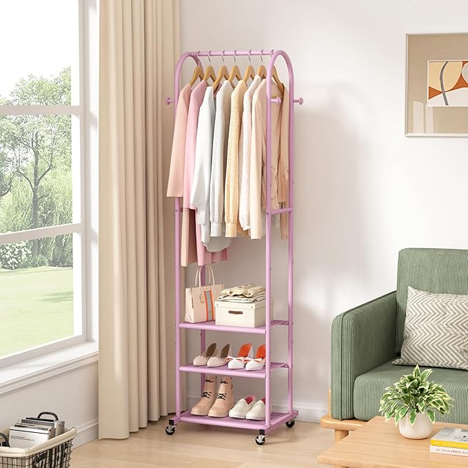 Kaitiemoo Clothing Rack, Mobile Garment Rack with Wheels & 3 Shelves, pink | Heavy Duty Frame, Fits Small Spaces, 71.8 Inches Display Rack, Easy to install, pink clothes rack