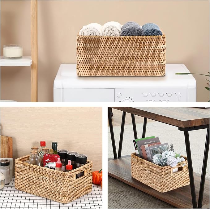 Hipiwe Rattan Wicker Basket for Shelf Organizer Natural Basket with Handles | Handwoven Open Storage Bin Rectangular Closet Organizer Bin Multipurpose Storage Box, 13.8" x 9.8" x 6.3"