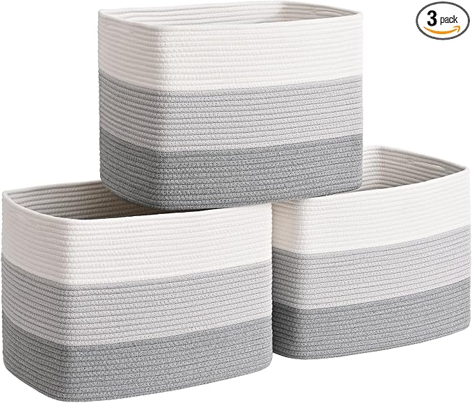 3 Pack Cube Storage Bin, 17”x12”x12” Cotton Rope Woven Baskets for Organizing Toys Clothes Towels, Square Gift Storage Baskets for Shelves, Nursery, Closet, Bathroom, Pantry (Gradient Grey)