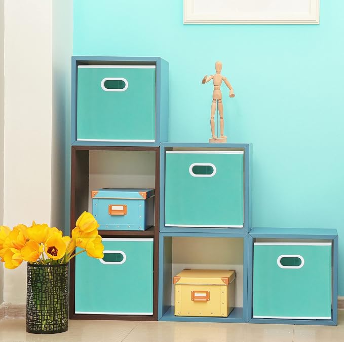 Simple Houseware 11-Inch Foldable Cube Storage Bins with Handles, Turquoise | 6-Pack Lightweight & Durable Structure Fabric Cubes Organizer for Closet or Shelves