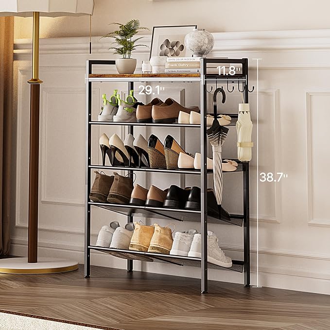 5 Tier Shoe Rack, Shoe Rack for Entryway with Hook, Shoe Organizer with Adjustable Mesh Shelves, Metal Shoe Storage, Closet, Bedroom Living Room Garage