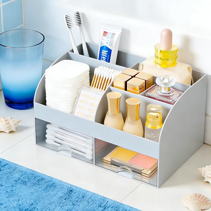 Makeup Organizer with 2 Drawers, Cosmetic Storage for Dresser Vanity and Bathroom Countertop,Make up organization and Skincare Storage with Beauty Brush Holder, Cosmetic Display Case (Grey)