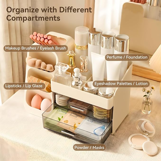 Makeup Organizer for Vanity with Brush Holder and 2 Drawers, Cream | Large-Capacity Makeup Holder Organizes Skincare, Cosmetics and Daily Beauty Products for Tidy Vanity and Bathroom Counters