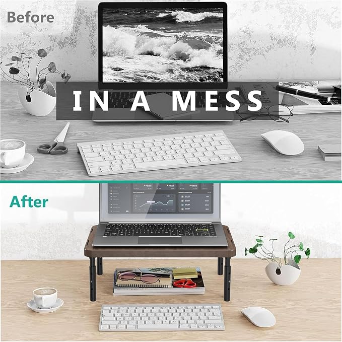 WALI Plastic Computer Monitor Stand for Desk, Adjustable Laptop Riser, Desk Monitor Stand Underneath Storage for Office, Home, School Supplies (PTT001-C), 1 Pack, Brown