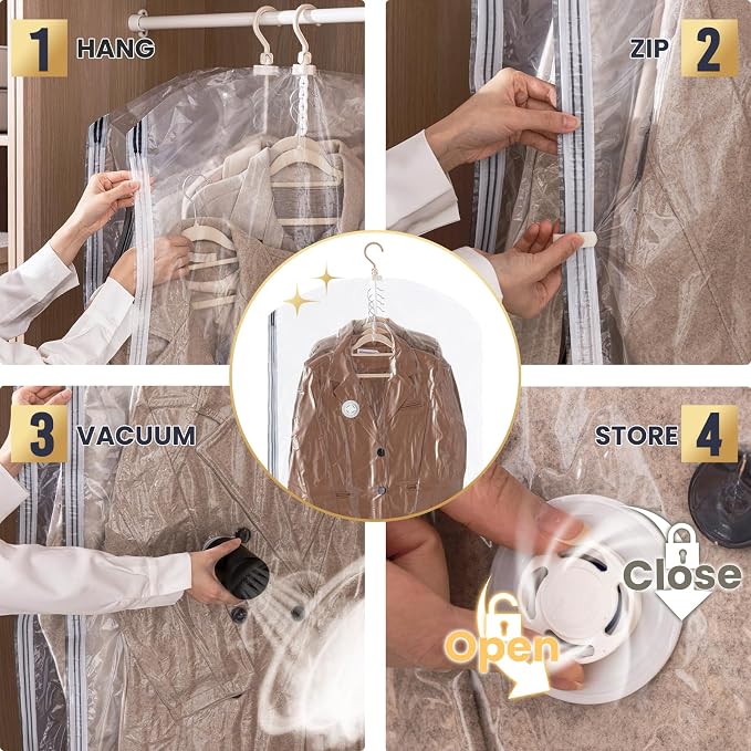 TAILI Hanging Vacuum Sealer Storage Space Saver Bags with Electric Air Pump for Clothing Travel, for Coats, Closet Organizers, 2 Long 2 Short Clear