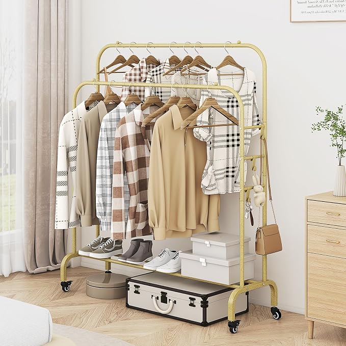 SUOERNUO Clothes Rack with Lockable Wheels Double Rods Metal Garment Racks | Portable Heavy-Duty Clothing Rack with Bottom, Rolling Clothes Shelves for Bedroom Laundry Living Room, Gold