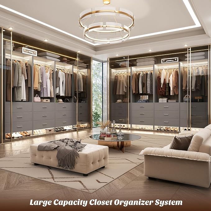 Aheaplus Closet System Closet Organizer, Wood Closet Organizer System, Walk-in Closet or Small Closets Wardrobe, Clothes Rack with Hanging Rods, 8FT Closets, Set of 4, Grey