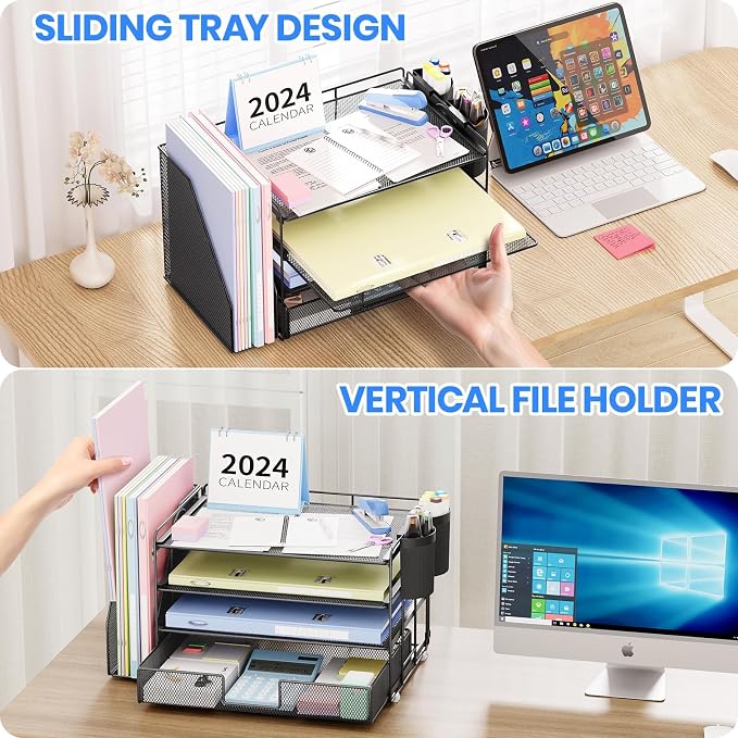 OPNICE Desk Organizer, 4-Tier Desktop File Organizer with Drawer and Pen Holders, Office Desk Accessories, File Sorters, Workspace Organizers for Office Supplies(Black 2-Pack)