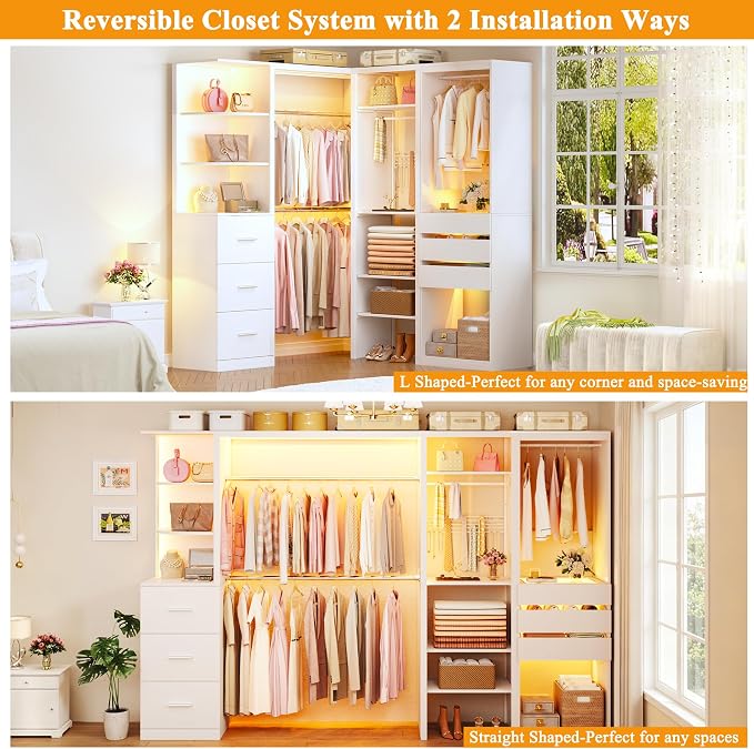 Large Corner Closet System Set with 6 Drawers & Shelves, 100'' Reversible Closet Organizer System with LED Lights & 8 Jewelry Hooks & Glasstop, Walk-in Closet with 4 Hanging Rods, L Shaped/Straight