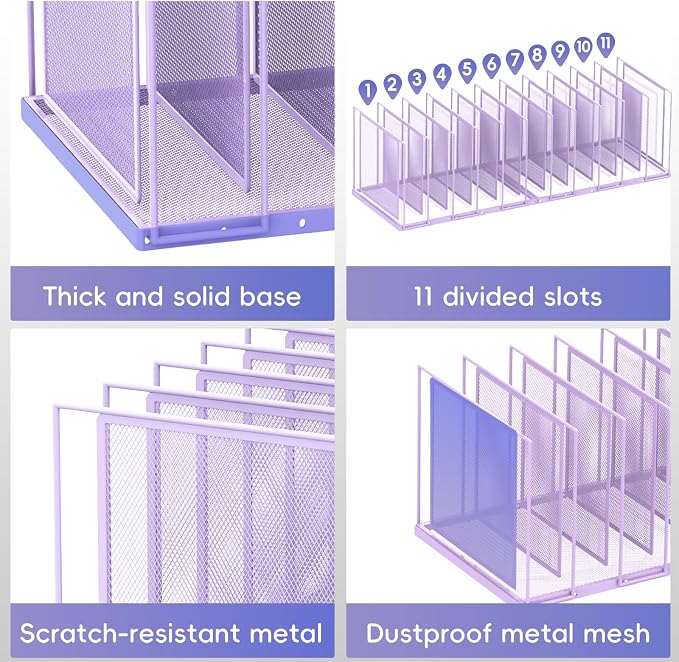File Organizer for Desk, 11-Section Vertical File Sorter, Paper Holder Organizer Standing Metal File Folder for Office Home Classroom, Purple
