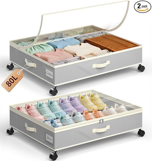 Yecaye 80L Large Under Bed Storage Containers with Wheels, 2 Pack, Grey | 80L Capacity, Space-saving, 360° Rolling Wheels, Clear Window & Label, Sturdy Fabric, For Clothes, Shoes, Blankets