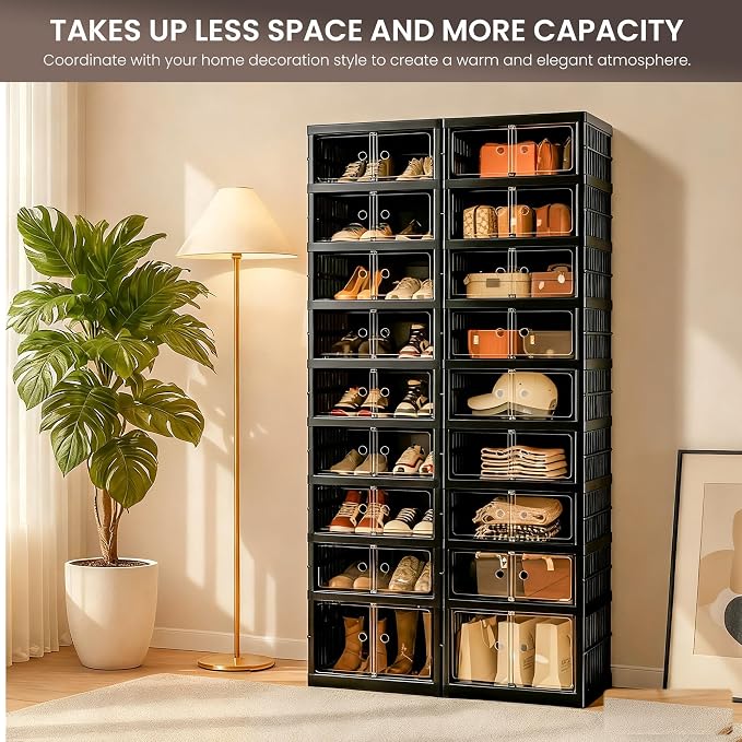 Foldable Shoe Organizer Storage Box Set of 4, Portable Extra Large Folding Shoe Rack for Closet, Shoe Storage Box with Magnetic Transparent Door and Wheels, 9 Layers 18 Grids with 2 Big Grids