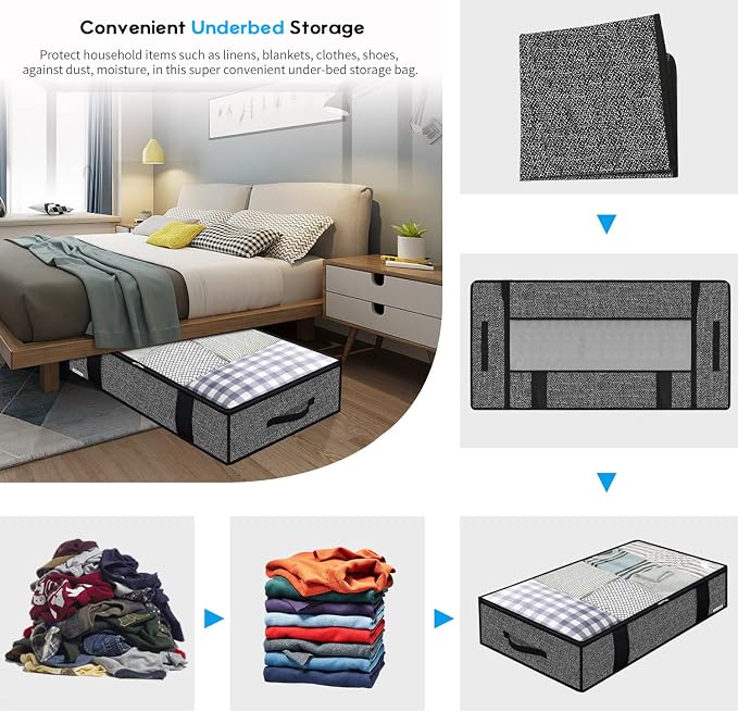Onlyeasy 4 Pack Under Bed Clothes Storage Bags Organizer with Reinforced Handles and Zippers, Foldable Underbed Storage Container Bags for Blankets, Comforters, Bedding, Linen-like Black, MXAUBBP4