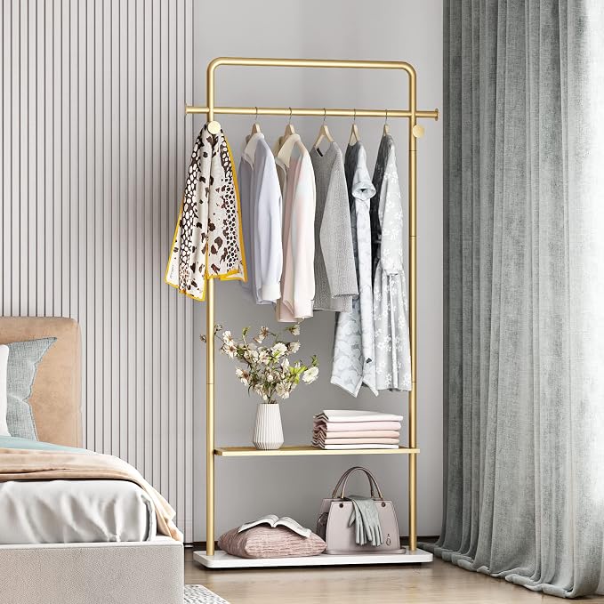 TIEOU Gold Coat Racks with Shelf, Heavy Duty Gold Clothing Racks for Boutiques, Free-Standing Metal Garment Rack for Hanging Clothes, Modern Clothes Rack Entryway(2 tier)