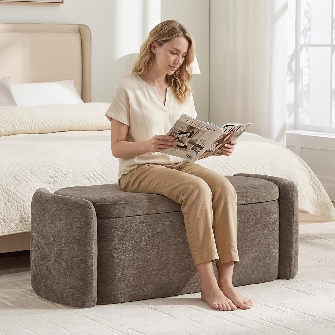 Oval Ottoman Bench with 20 Gal of Storage Space Upholstered Chenille Seat End of Bed Storage Bench Storage Ottoman with Storage for Bedroom, Living Room, Entryway, Window(Light Brown)