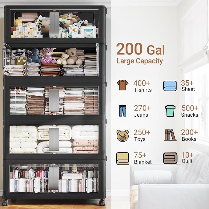 BROVIEW 800Qt Extra Large Stackable Storage Bins with Lids, 200Gal Collapsible Storage Bin with Wheels Clear Door, Folding Plastic Closet Organizers and Storage Drawers for Home Kitchen, 5 Pack Black