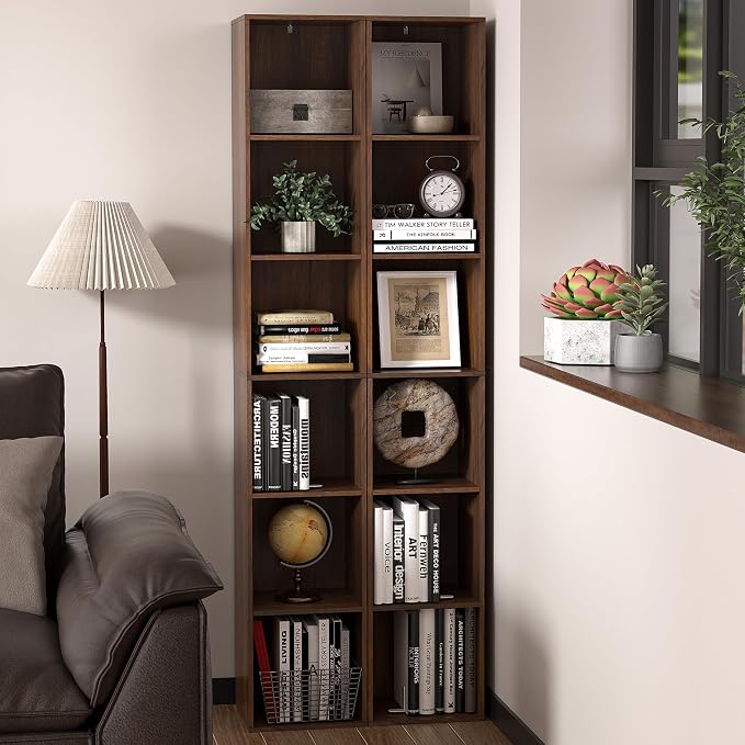 6 Cube Storage Organizer, Narrow Open Shelf Bookcase, Freestanding 6 Tier Low Display Bookshelf for Home Office, Living Room, Bedroom, Dark Brown & Black Walnut