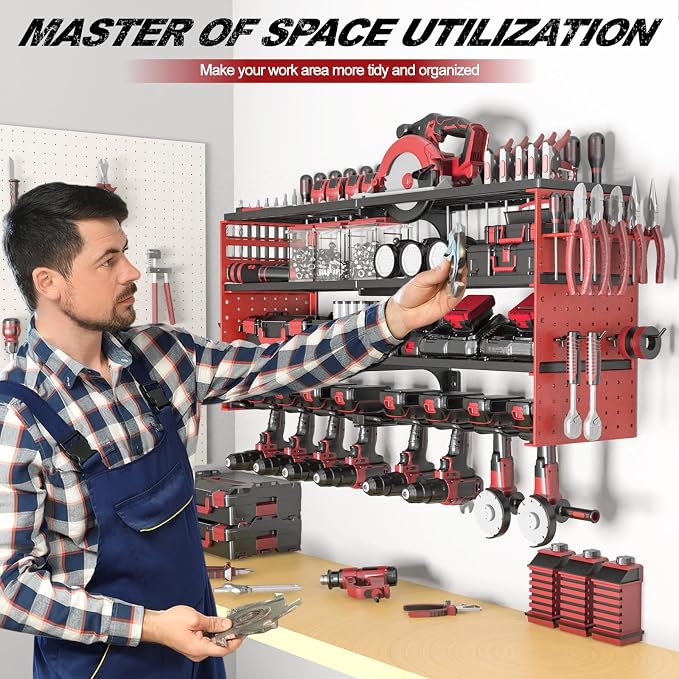 33" Metal Power Tool Organizer Wall Mount,4 Tier,Red | Heavy-Duty Metal,320 LBS Capacity,8 Cordless Drill Holders,Adjustable Hooks,Tool Shelf for Garage Workshop Shed,Pegboard