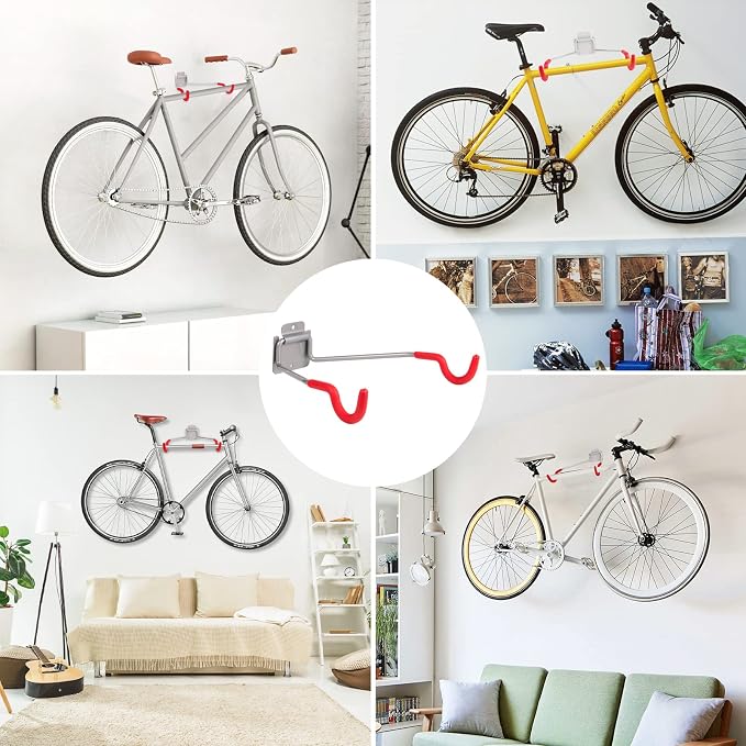 Bike Wall Mount Hangers，EVA Foam Padded Bicycle Hooks-Flip-Up Garage Bicycle Rack for Mountain, Road, and Kids Bikes Rack Holders 2 Pack Silver, Red