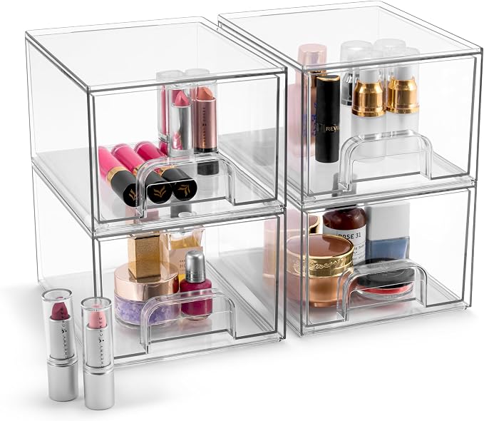 Sorbus Acrylic Storage Containers - 4 Pack, Stackable Storage Bins Set for Bathroom Organization - Clear Acrylic Drawer Organizers - Makeup Case Pull-Out Drawers (4.4’’ Tall)